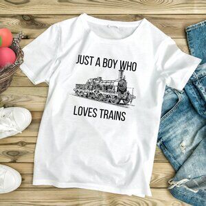 Handmade NWT Just a Boy Who Loves Trains | Kids White Graphic Tee (XS-XL)